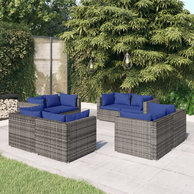 8-Delige Loungeset Met Kussens Poly Rattan Grijs en donkerblauw 8x hoek