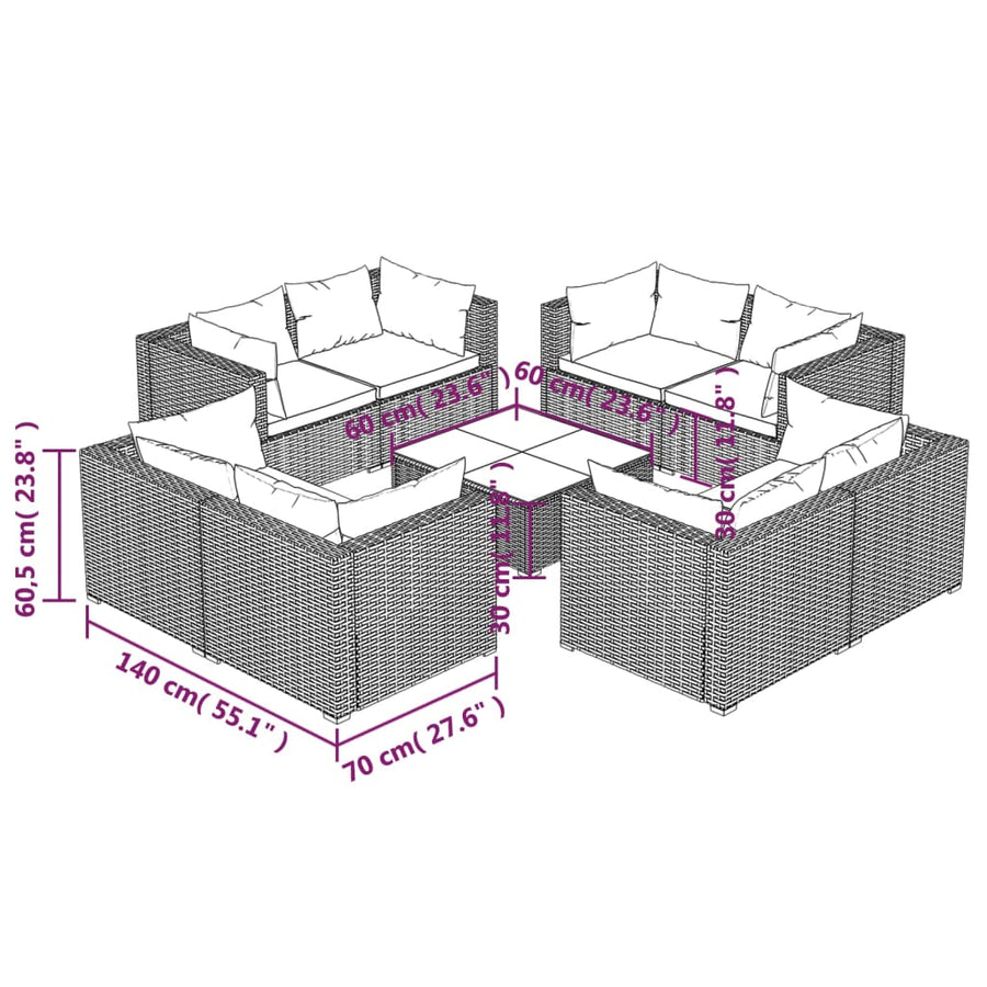 9-Delige Loungeset Met Kussens Poly Rattan 1