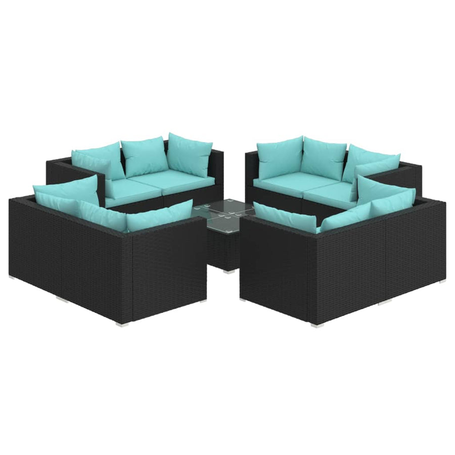 9-delige Loungeset met kussens poly rattan zwart
