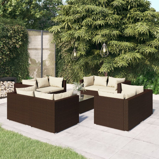 9-Delige Loungeset Met Kussens Poly Rattan Bruin en crème 8x hoek + Tafel