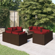 Loungeset 9-delig poly rattan bruin met kussens