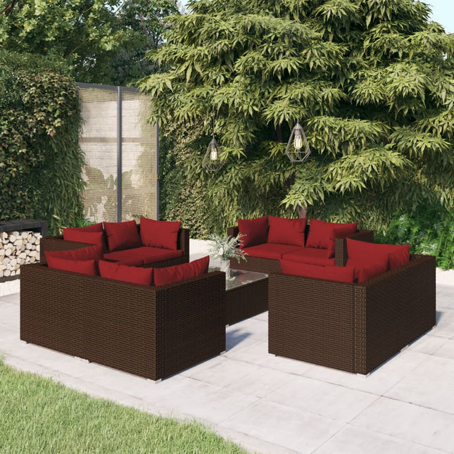 9-Delige Loungeset Met Kussens Poly Rattan Bruin en rood 8x hoek + Tafel