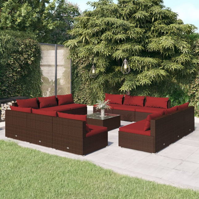 3-Delige Loungeset Met Kussens Poly Rattan Bruin en rood 12x midden + Tafel