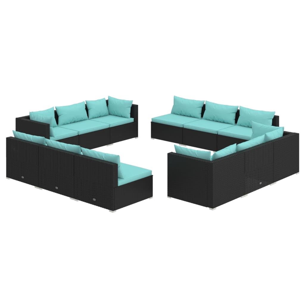 12-delige Loungeset met kussens poly rattan zwart