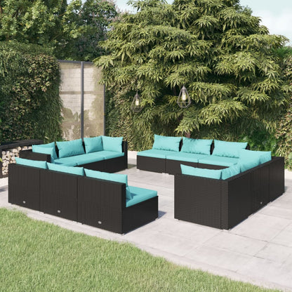 12-delige Loungeset met kussens poly rattan zwart