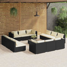 3-Delige Loungeset Met Kussens Poly Rattan Zwart en crème 4x hoek + 8x midden + Tafel