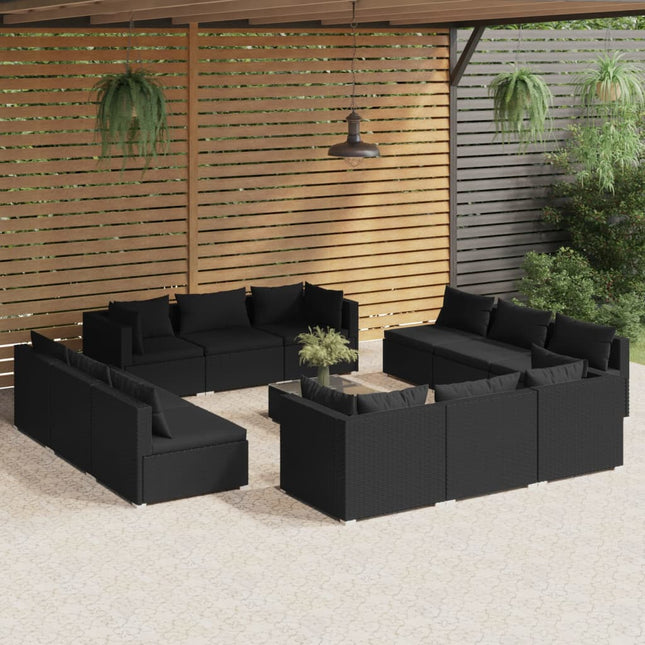 3-Delige Loungeset Met Kussens Poly Rattan Zwart 4x hoek + 8x midden + Tafel