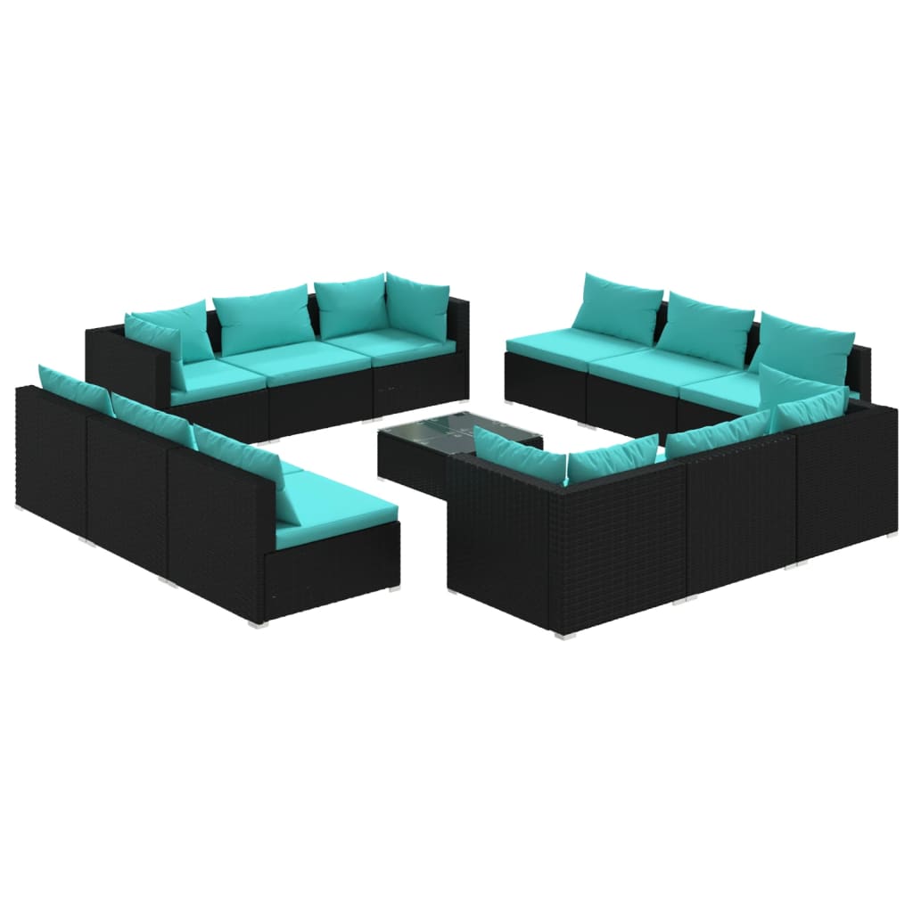 13-delige Loungeset met kussens poly rattan zwart