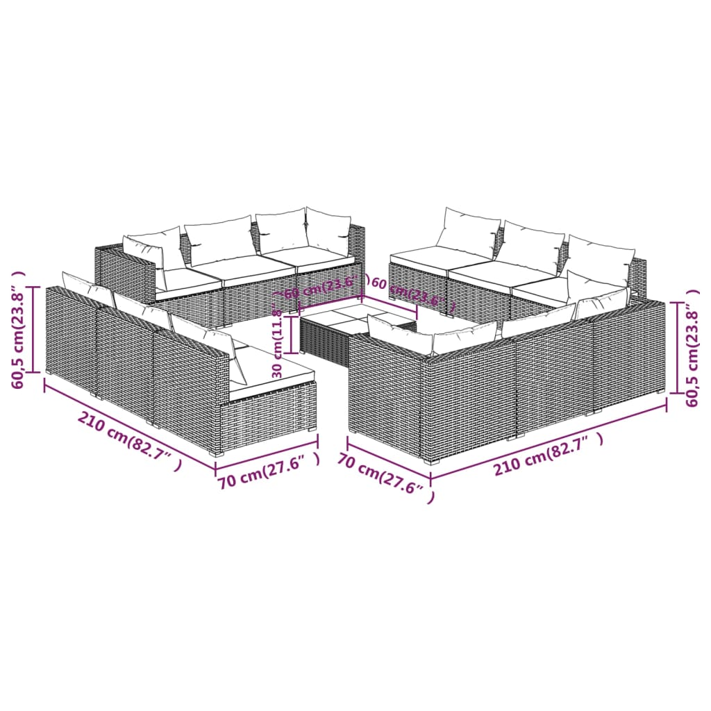 13-delige Loungeset met kussens poly rattan zwart