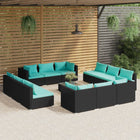 3-Delige Loungeset Met Kussens Poly Rattan Zwart en blauw 4x hoek + 8x midden + Tafel