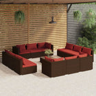 3-Delige Loungeset Met Kussens Poly Rattan Bruin en rood 4x hoek + 8x midden + Tafel