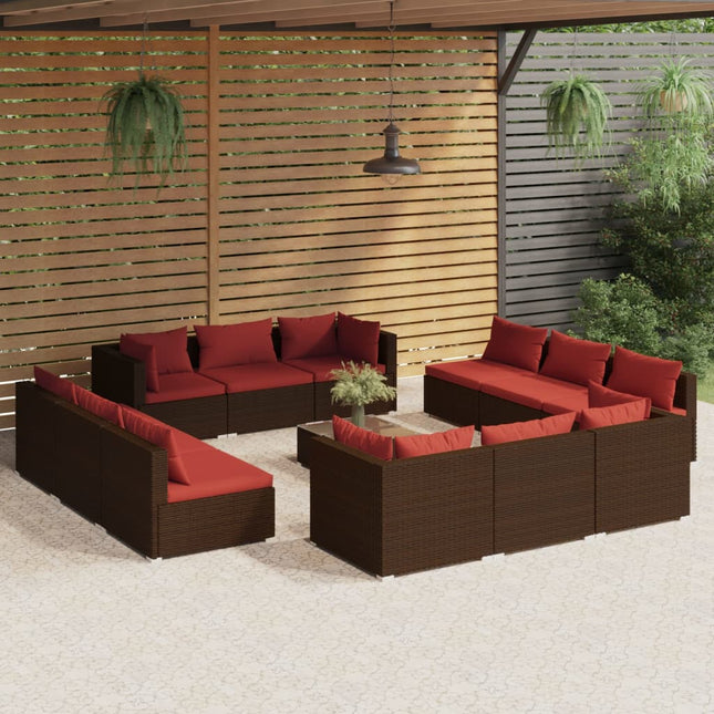 3-Delige Loungeset Met Kussens Poly Rattan Bruin en rood 4x hoek + 8x midden + Tafel