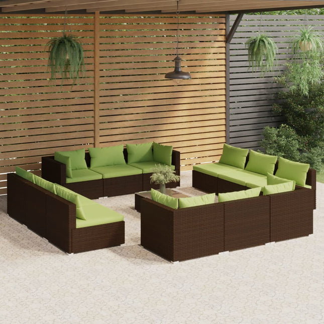 3-Delige Loungeset Met Kussens Poly Rattan Bruin en groen 4x hoek + 8x midden + Tafel