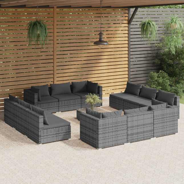 3-Delige Loungeset Met Kussens Poly Rattan Grijs en antraciet 4x hoek + 8x midden + Tafel