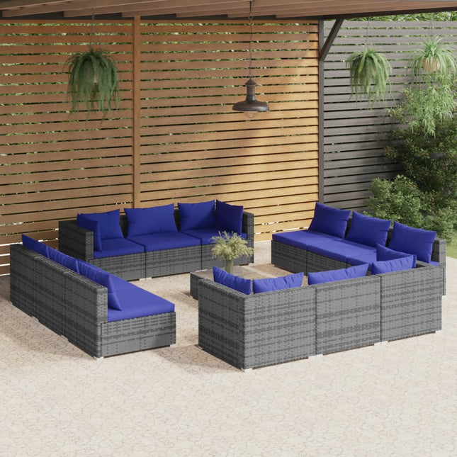 3-Delige Loungeset Met Kussens Poly Rattan Grijs en donkerblauw 4x hoek + 8x midden + Tafel