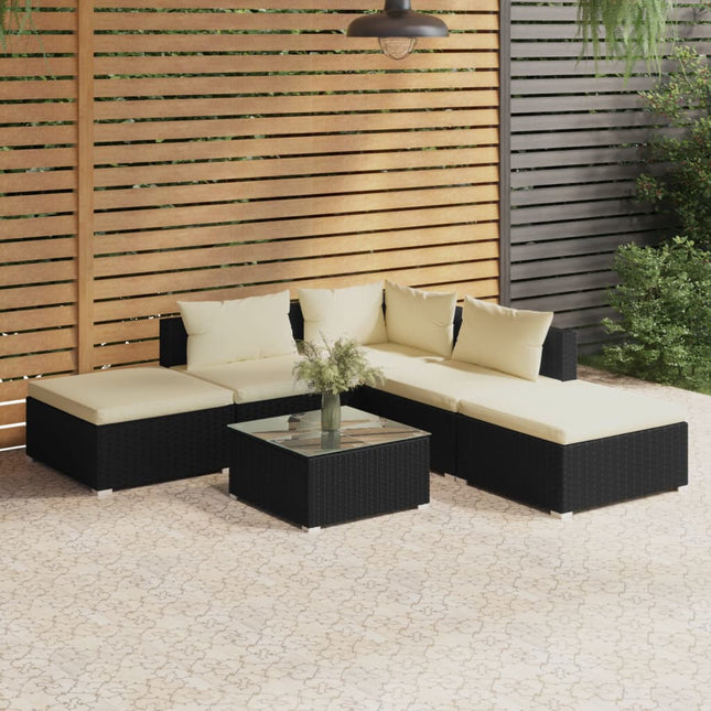 6-Delige Loungeset Met Kussens Poly Rattan Zwart Zwart En Crème