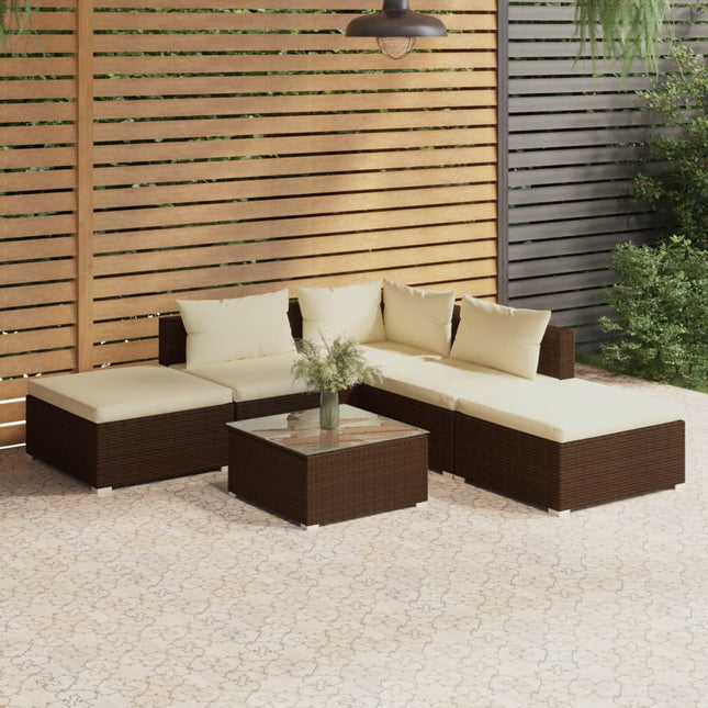 6-Delige Loungeset Met Kussens Poly Rattan Bruin Bruin En Crème