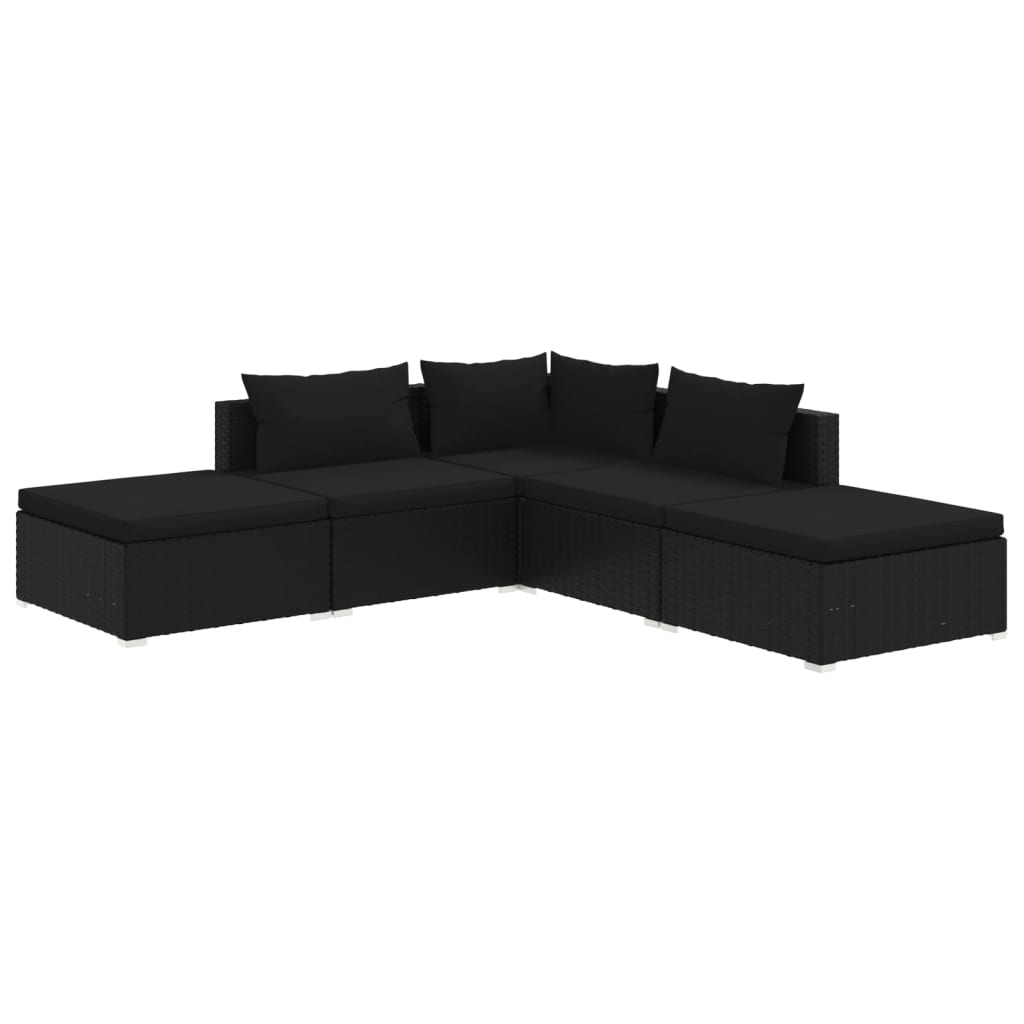 5-delige Loungeset met kussens poly rattan zwart 1 hoek + 2x midden + 2x voetensteun