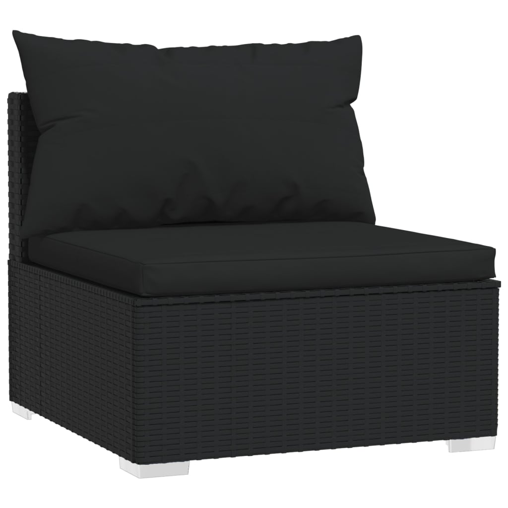 5-delige Loungeset met kussens poly rattan zwart 1 hoek + 2x midden + 2x voetensteun