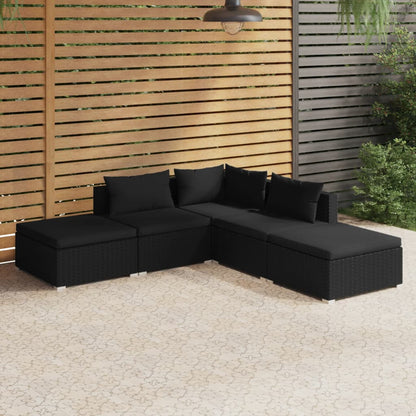 5-delige Loungeset met kussens poly rattan zwart 1 hoek + 2x midden + 2x voetensteun