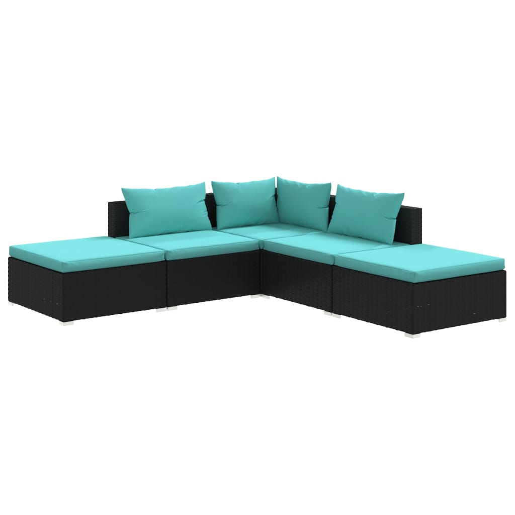 5-Delige Loungeset Met Kussens Poly Rattan Zwart En Waterblauw 1 hoek + 2x midden + 2x voetensteun