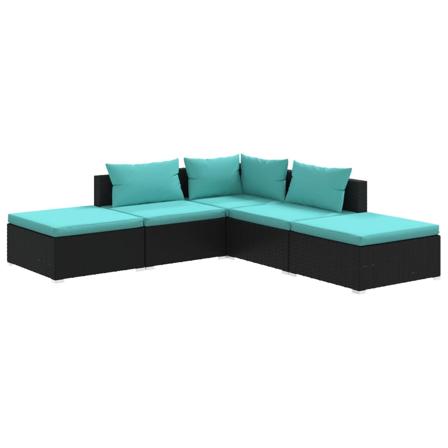5-Delige Loungeset Met Kussens Poly Rattan Zwart En Waterblauw 1 hoek + 2x midden + 2x voetensteun