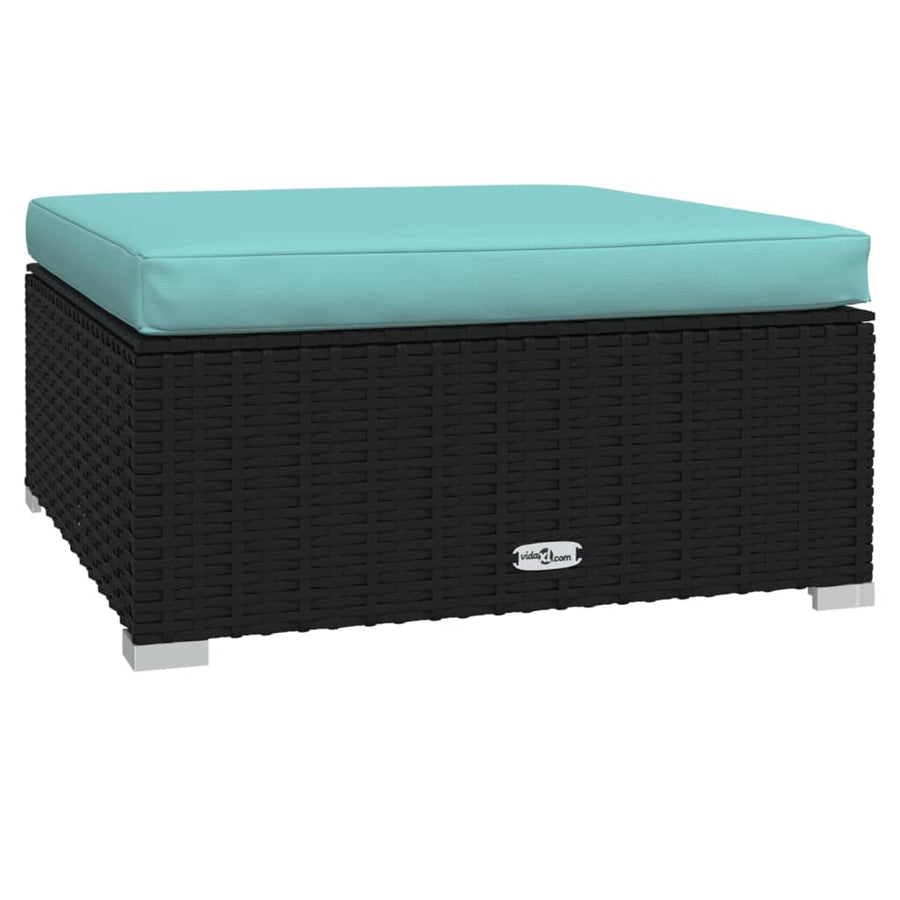 5-Delige Loungeset Met Kussens Poly Rattan Zwart En Waterblauw 1 hoek + 2x midden + 2x voetensteun