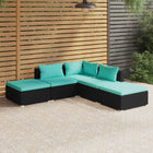 5-Delige Loungeset Met Kussens Poly Rattan Zwart En Waterblauw 1 hoek + 2x midden + 2x voetensteun