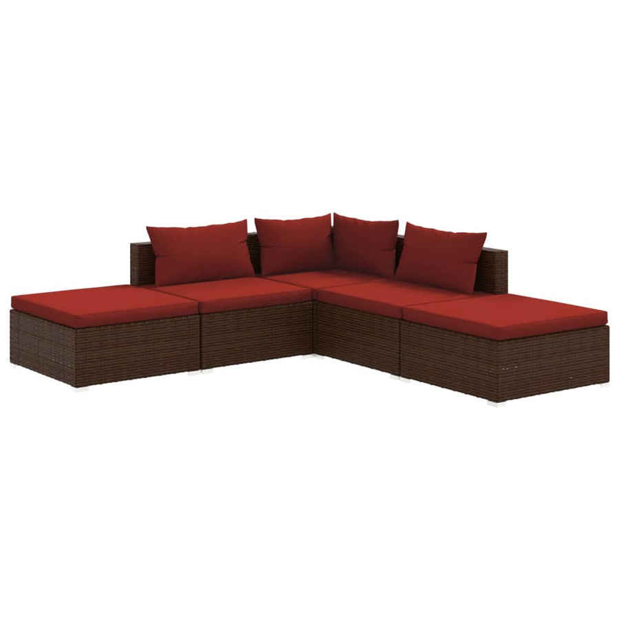 5-delige Loungeset met kussens poly rattan bruin 1 Bruin en kaneelrood