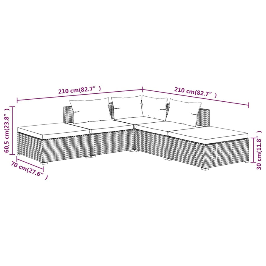 5-delige Loungeset met kussens poly rattan bruin 1 Bruin en kaneelrood
