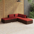 5-delige Loungeset met kussens poly rattan bruin 1 Bruin en kaneelrood