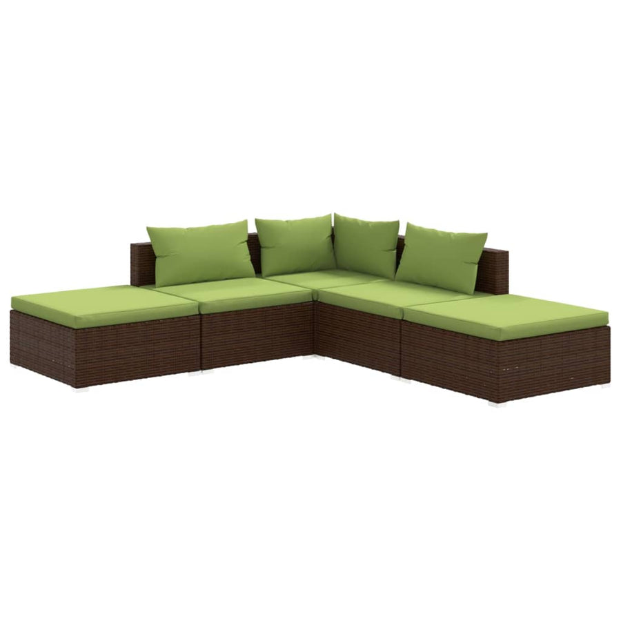 5-Delige Loungeset Met Kussens Poly Rattan Bruin En Groen 1 hoek + 2x midden + 2x voetensteun
