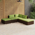 5-Delige Loungeset Met Kussens Poly Rattan Bruin En Groen 1 hoek + 2x midden + 2x voetensteun