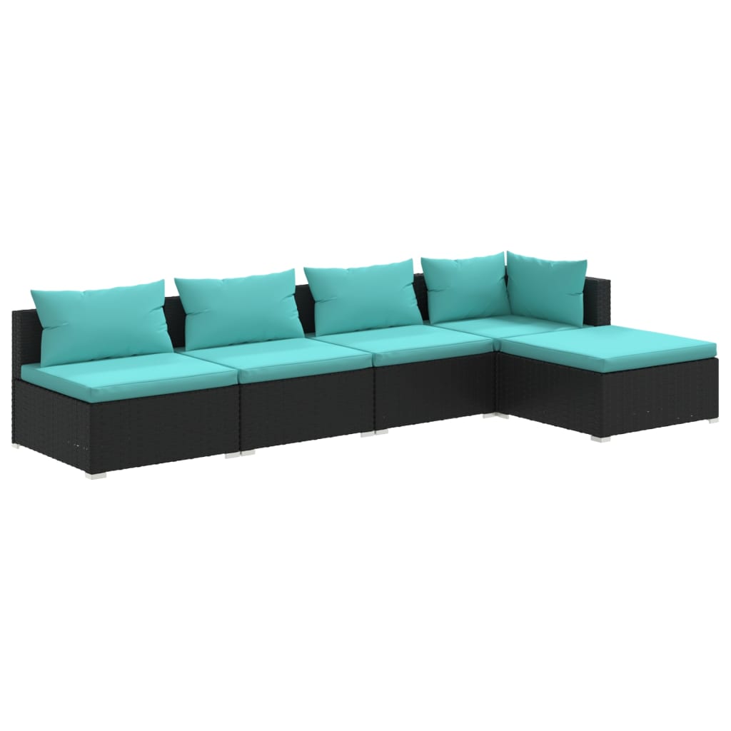 5-Delige Loungeset Met Kussens Poly Rattan Zwart En Waterblauw 1 hoek + 3x midden + voetensteun