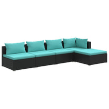 5-Delige Loungeset Met Kussens Poly Rattan Zwart En Waterblauw 1 hoek + 3x midden + voetensteun