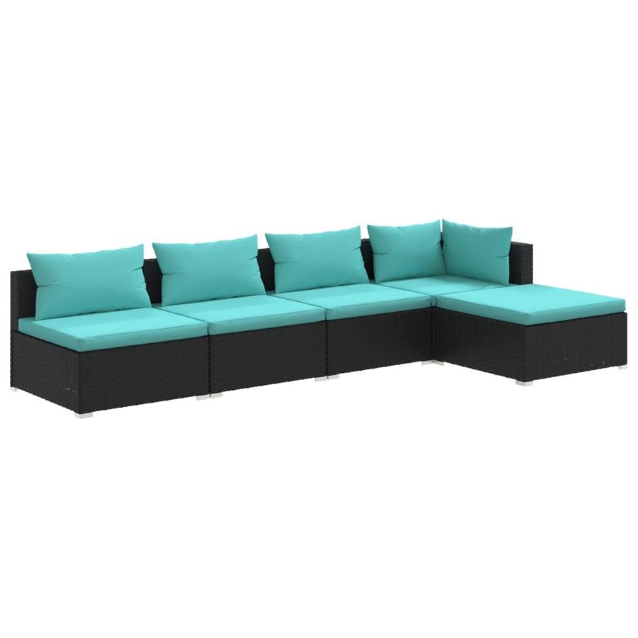 5-Delige Loungeset Met Kussens Poly Rattan Zwart En Waterblauw 1 hoek + 3x midden + voetensteun