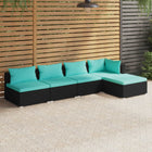 5-Delige Loungeset Met Kussens Poly Rattan Zwart En Waterblauw 1 hoek + 3x midden + voetensteun