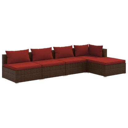 5-delige Loungeset met kussens poly rattan bruin 1 Bruin en kaneelrood