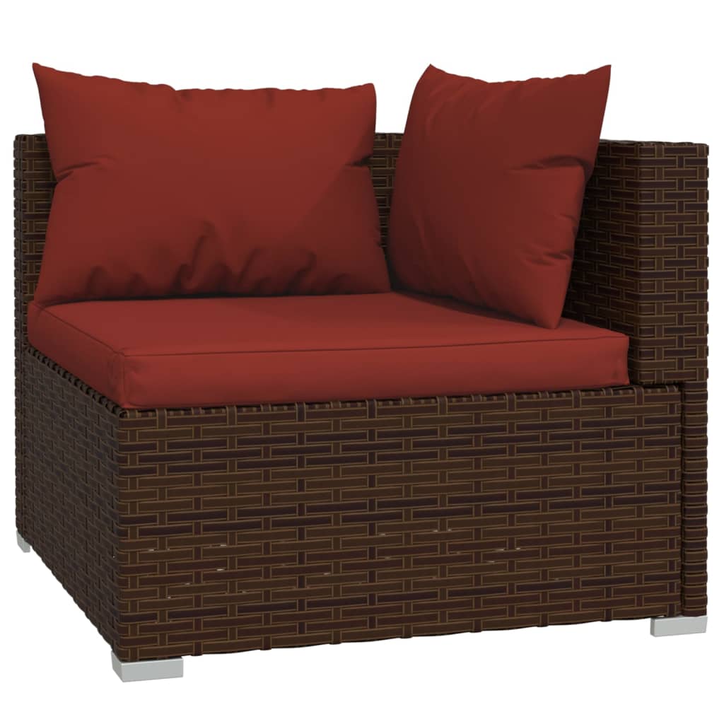 5-delige Loungeset met kussens poly rattan bruin 1 Bruin en kaneelrood