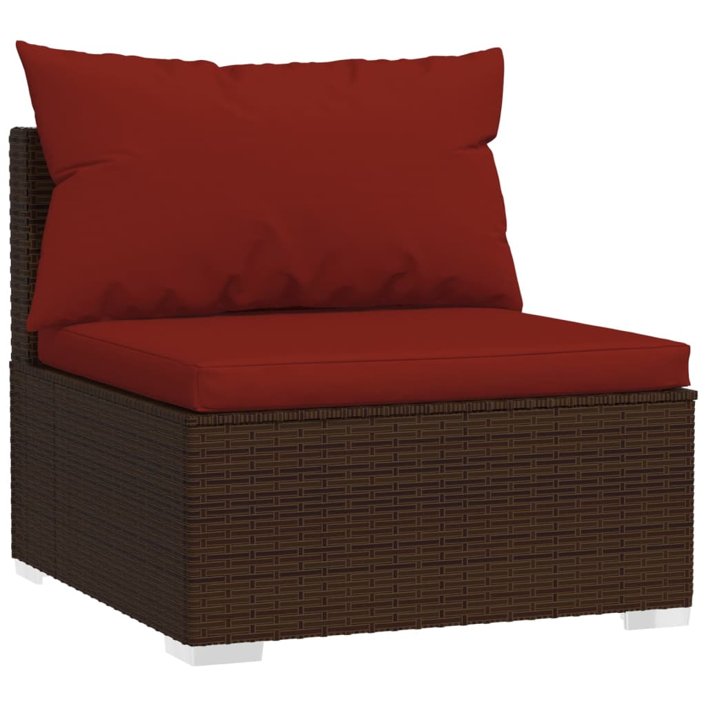 5-delige Loungeset met kussens poly rattan bruin 1 Bruin en kaneelrood