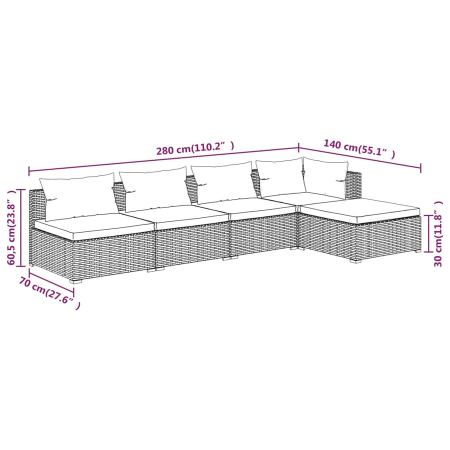 5-delige Loungeset met kussens poly rattan bruin 1 Bruin en kaneelrood