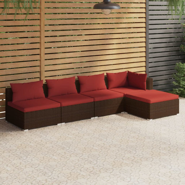 5-delige Loungeset met kussens poly rattan bruin 1 Bruin en kaneelrood