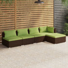 5-Delige Loungeset Met Kussens Poly Rattan Bruin En Groen 1 hoek + 3x midden + voetensteun