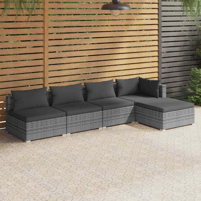 5-Delige Loungeset Met Kussens Poly Rattan Grijs En Antraciet 1 hoek + 3x midden + voetensteun