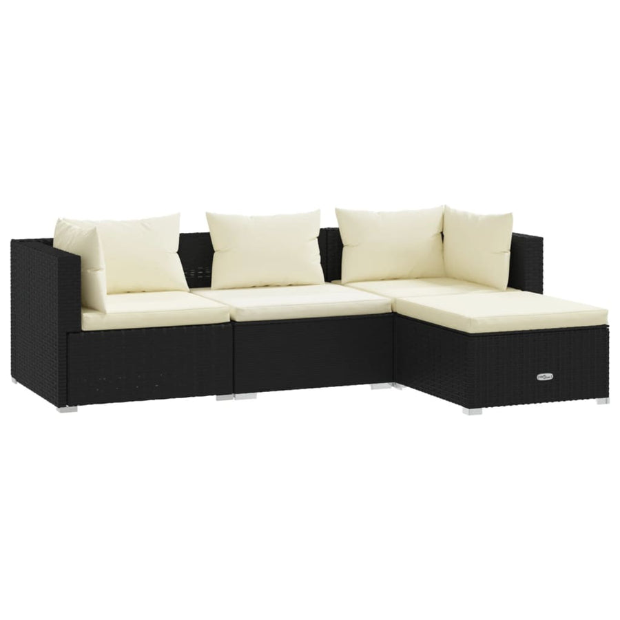 4-delige Loungeset met kussens poly rattan zwart 1 Zwart en crème