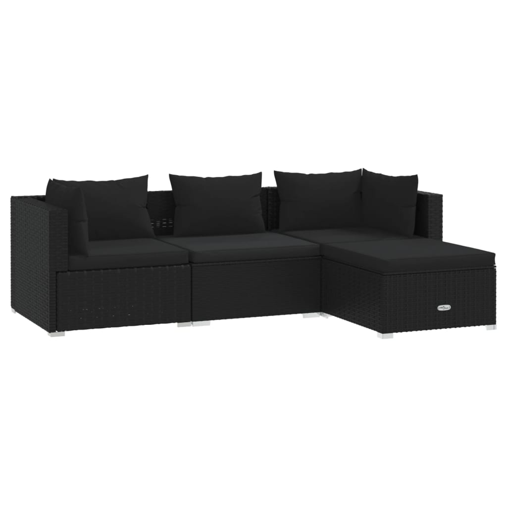 4-delige Loungeset met kussens poly rattan zwart 1 2x hoek + midden + voetensteun