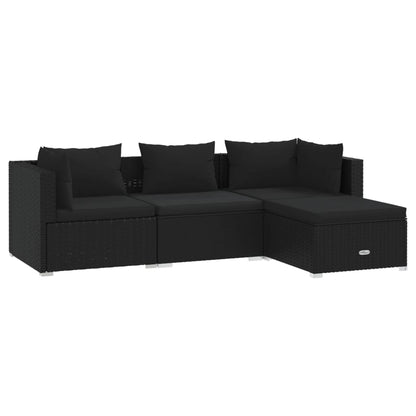 4-delige Loungeset met kussens poly rattan zwart 1 2x hoek + midden + voetensteun