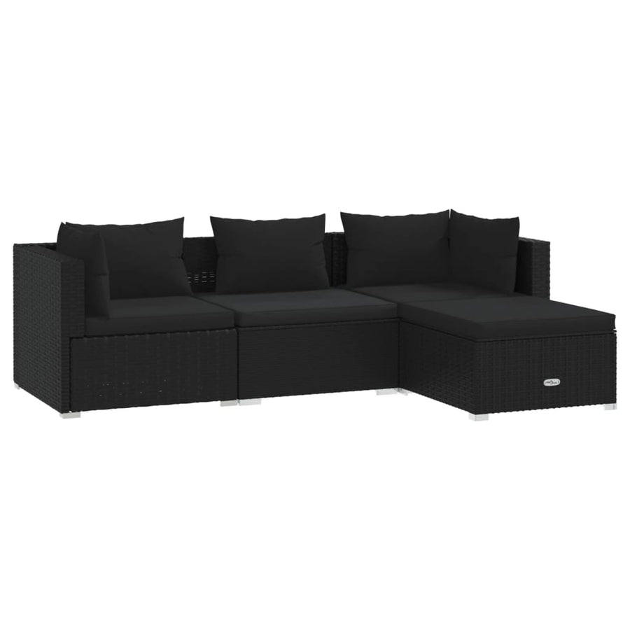 4-delige Loungeset met kussens poly rattan zwart 1 2x hoek + midden + voetensteun