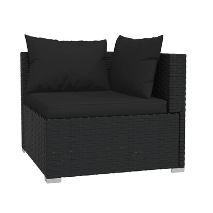 4-delige Loungeset met kussens poly rattan zwart 1 2x hoek + midden + voetensteun