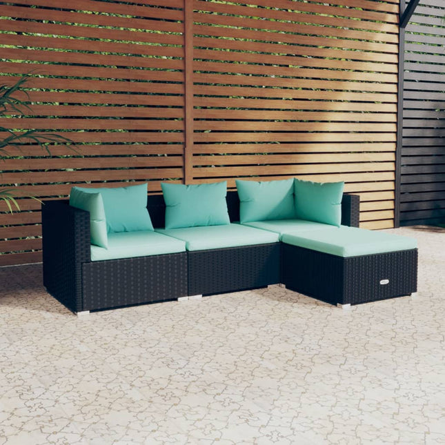 4-Delige Loungeset Met Kussens Poly Rattan Zwart En Waterblauw 1 2x hoek + midden + voetensteun